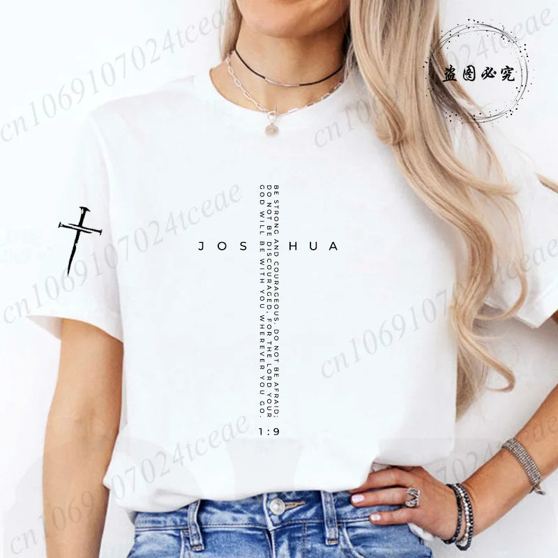 Be Strong and Courageous Bible Verse Tee,Minimalist Cross Christian Shirt,Inspirational Scripture Women's T-Shirt Gift for Faith
