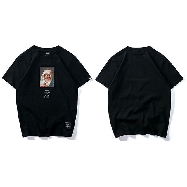Summer Men's T Shirts Virgin Mary Printed Casual Short Sleeve T-Shirt Cotton Hip Hop Tops Tee Fashion Streetwear Tshirt New