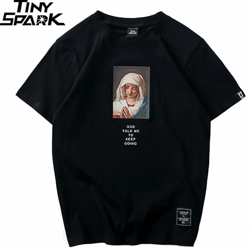 Summer Men's T Shirts Virgin Mary Printed Casual Short Sleeve T-Shirt Cotton Hip Hop Tops Tee Fashion Streetwear Tshirt New