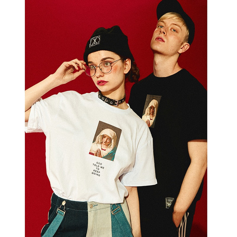 Summer Men's T Shirts Virgin Mary Printed Casual Short Sleeve T-Shirt Cotton Hip Hop Tops Tee Fashion Streetwear Tshirt New