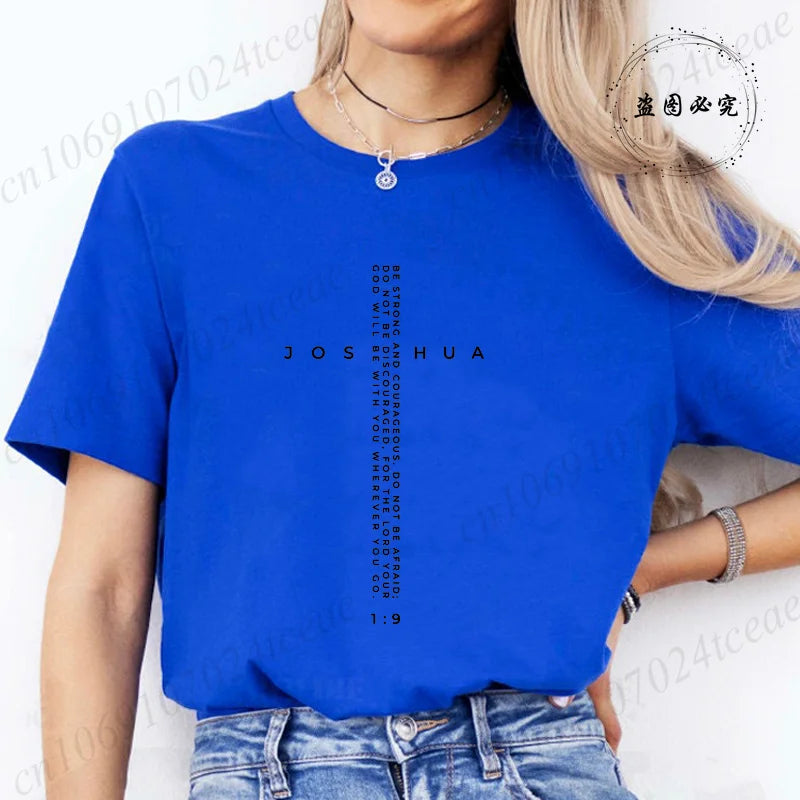 Be Strong and Courageous Bible Verse Tee,Minimalist Cross Christian Shirt,Inspirational Scripture Women's T-Shirt Gift for Faith
