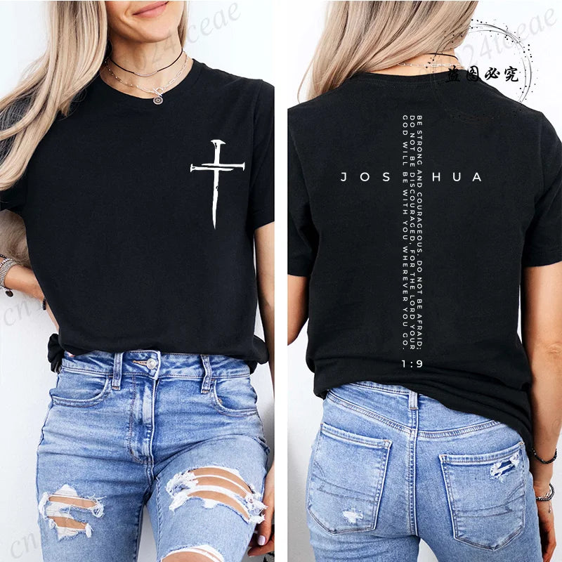 Be Strong and Courageous Bible Verse Tee,Minimalist Cross Christian Shirt,Inspirational Scripture Women's T-Shirt Gift for Faith