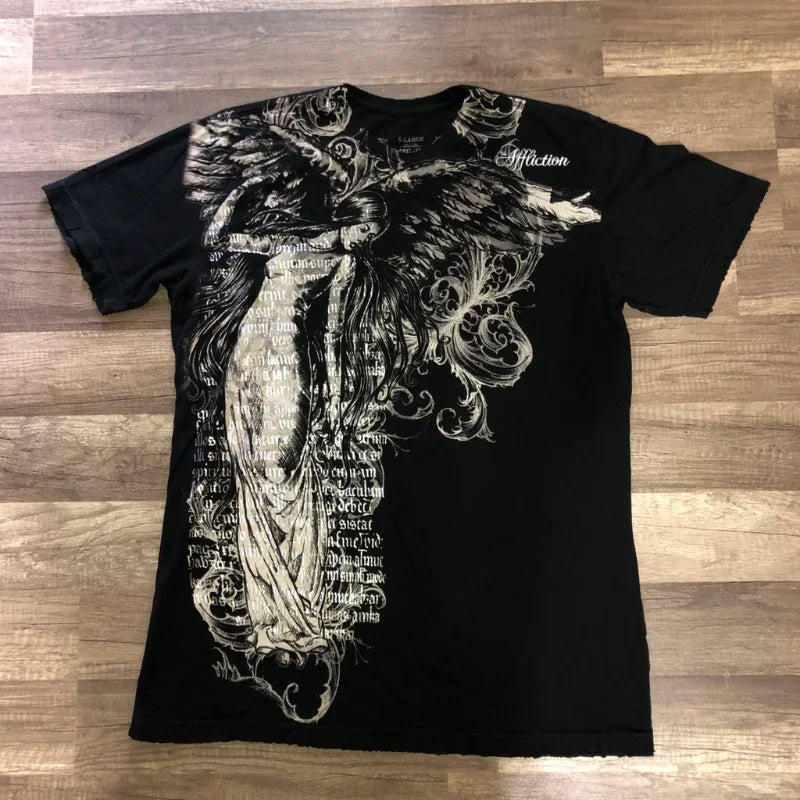Affliction Gothic T-Shirt Angel Scripture Y2K Streetwear Men's Vintage Graphic Tee Soft Cotton Baggy Fit Harajuku Casual Top