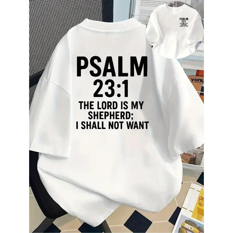 Psalm 23:1 Bible Quote T-Shirt Christian Faith Apparel Top White & Black Scripture Top Crew Neck Casual Everyday T-Shirt
