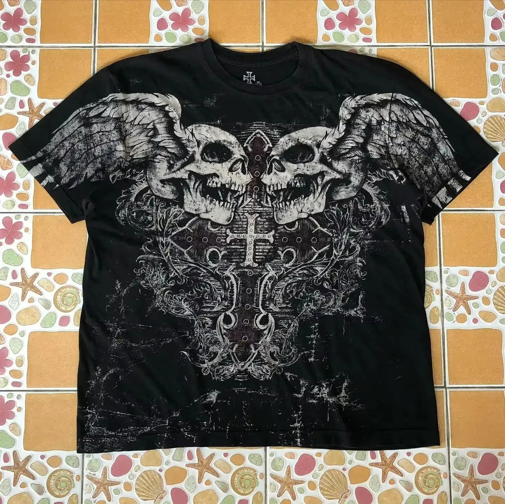 Affliction Gothic T-Shirt Angel Scripture Y2K Streetwear Men's Vintage Graphic Tee Soft Cotton Baggy Fit Harajuku Casual Top