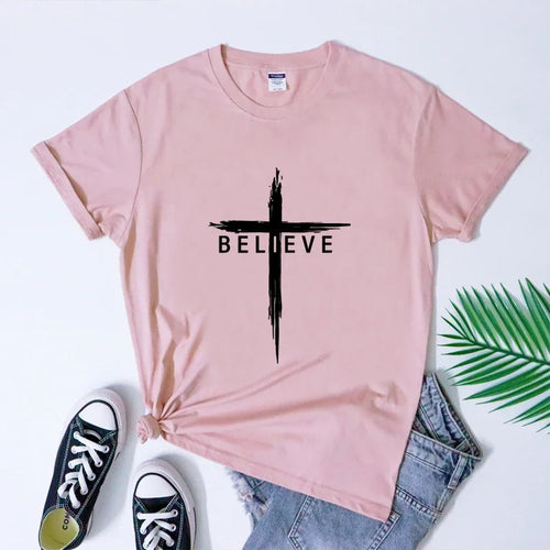 Believe Christian Cross T-shirt Scripture Unisex Jesus Christ Tshirt Women Religious Inspiring Faith Bible Tee Shirt Top