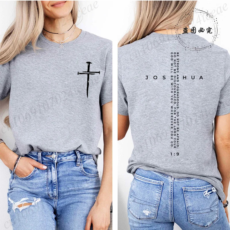 Be Strong and Courageous Bible Verse Tee,Minimalist Cross Christian Shirt,Inspirational Scripture Women's T-Shirt Gift for Faith