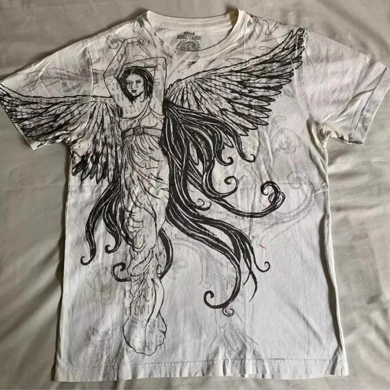 Affliction Gothic T-Shirt Angel Scripture Y2K Streetwear Men's Vintage Graphic Tee Soft Cotton Baggy Fit Harajuku Casual Top