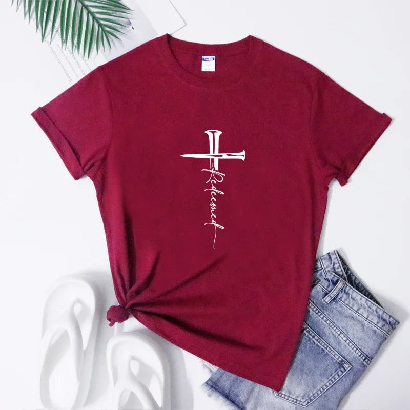 Redeemed Cross Nails T-shirt Catholic Jesus Faith Tee Shirt Top Scripture Unisex Christian Religion Easter Tshirt Dropshipping