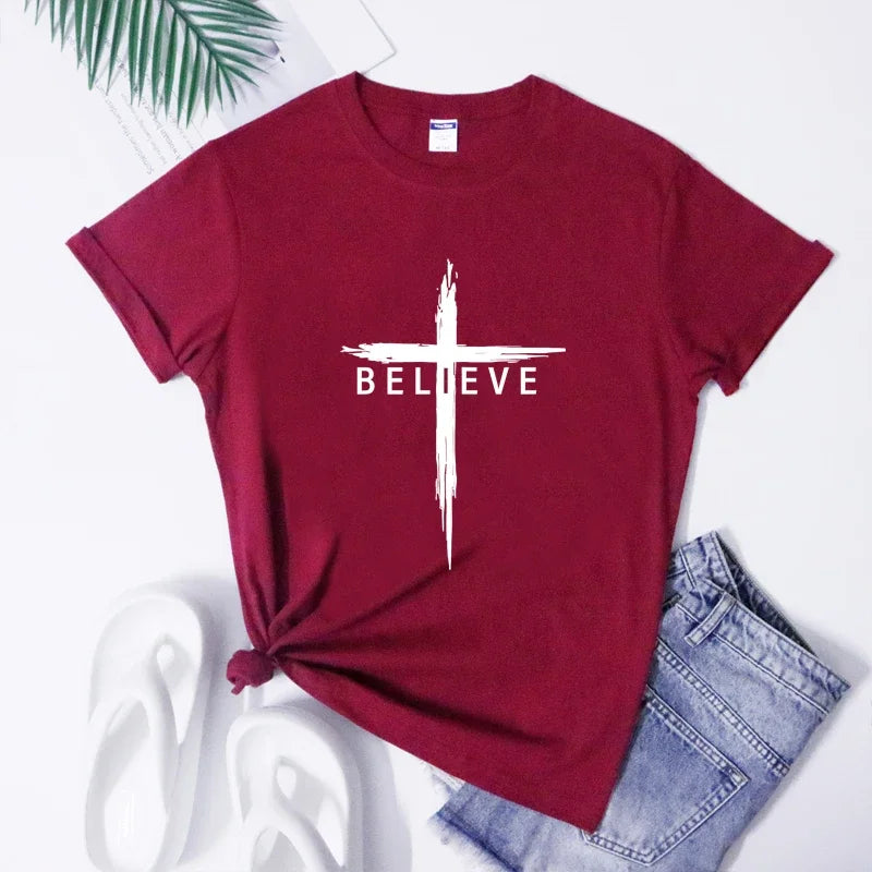 Believe Christian Cross T-shirt Scripture Unisex Jesus Christ Tshirt Women Religious Inspiring Faith Bible Tee Shirt Top