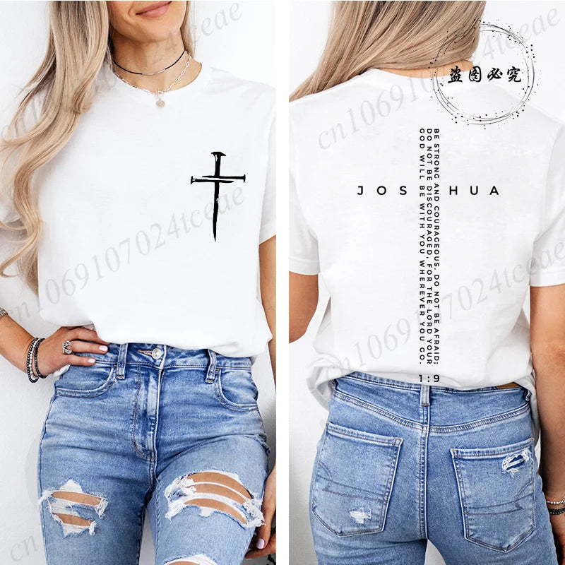 Be Strong and Courageous Bible Verse Tee,Minimalist Cross Christian Shirt,Inspirational Scripture Women's T-Shirt Gift for Faith