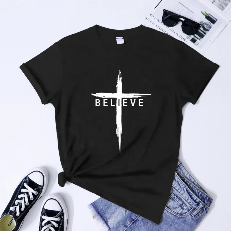 Believe Christian Cross T-shirt Scripture Unisex Jesus Christ Tshirt Women Religious Inspiring Faith Bible Tee Shirt Top