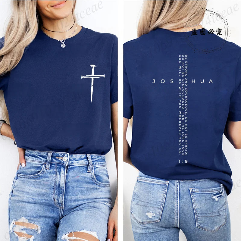 Be Strong and Courageous Bible Verse Tee,Minimalist Cross Christian Shirt,Inspirational Scripture Women's T-Shirt Gift for Faith