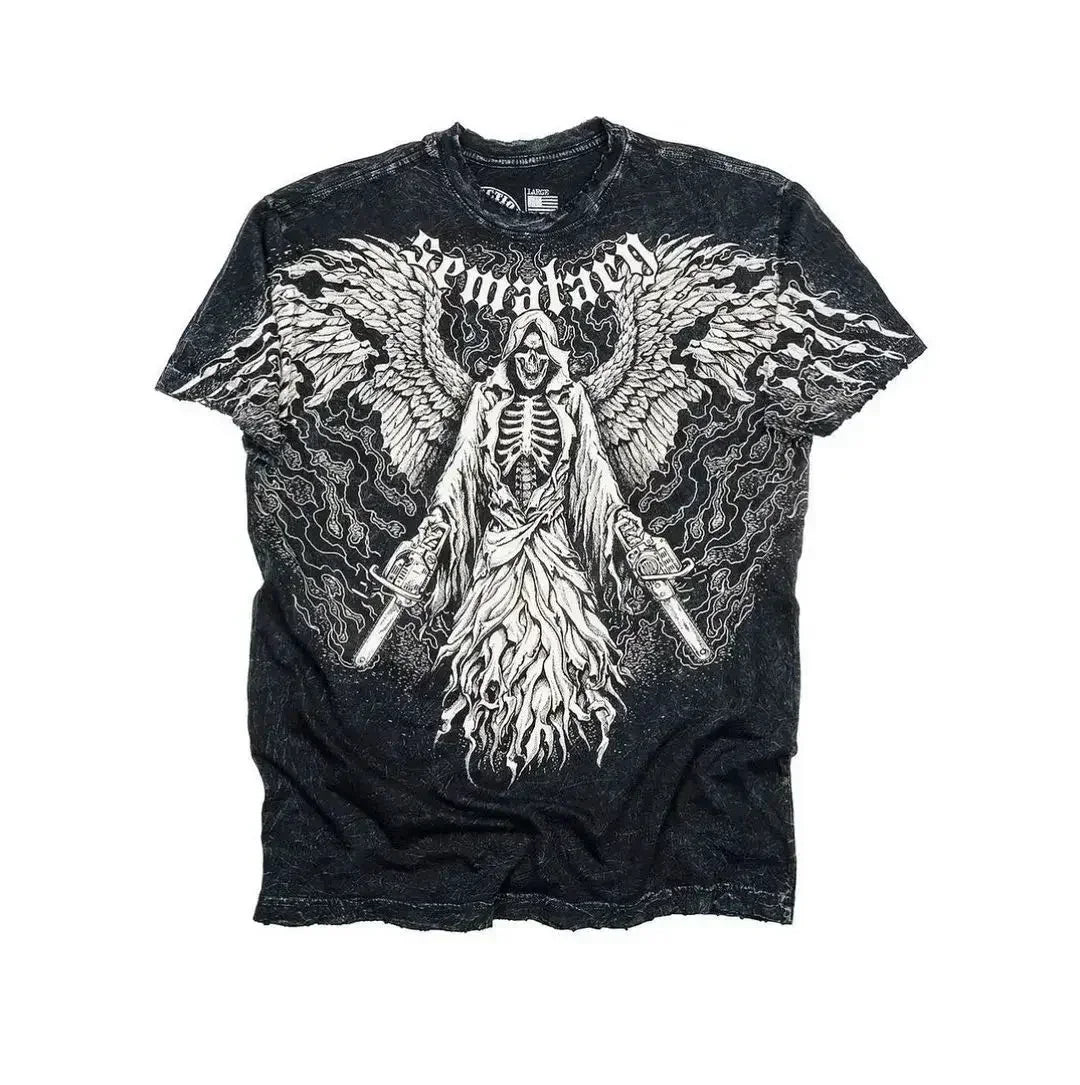 Affliction Gothic T-Shirt Angel Scripture Y2K Streetwear Men's Vintage Graphic Tee Soft Cotton Baggy Fit Harajuku Casual Top