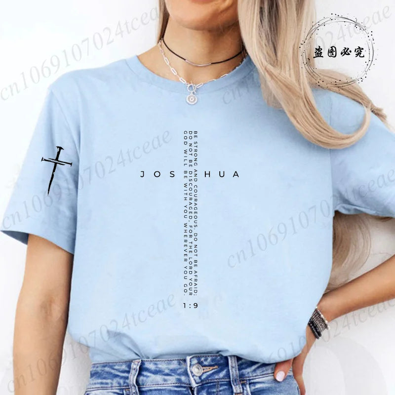 Be Strong and Courageous Bible Verse Tee,Minimalist Cross Christian Shirt,Inspirational Scripture Women's T-Shirt Gift for Faith