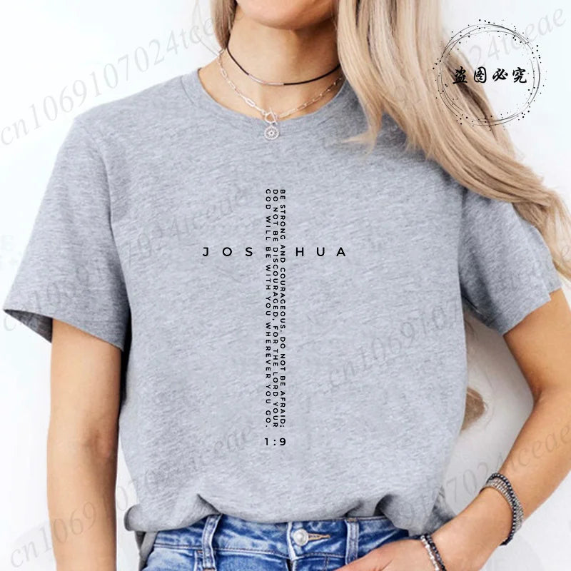 Be Strong and Courageous Bible Verse Tee,Minimalist Cross Christian Shirt,Inspirational Scripture Women's T-Shirt Gift for Faith