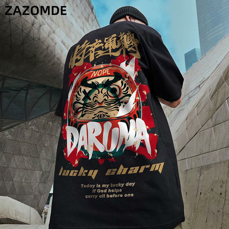 Men's T-Shirts  Chinese Style Lucky Printed Short Sleeve Tshirts Summer Hip Hop Casual Cotton Tops Tees Streetwear