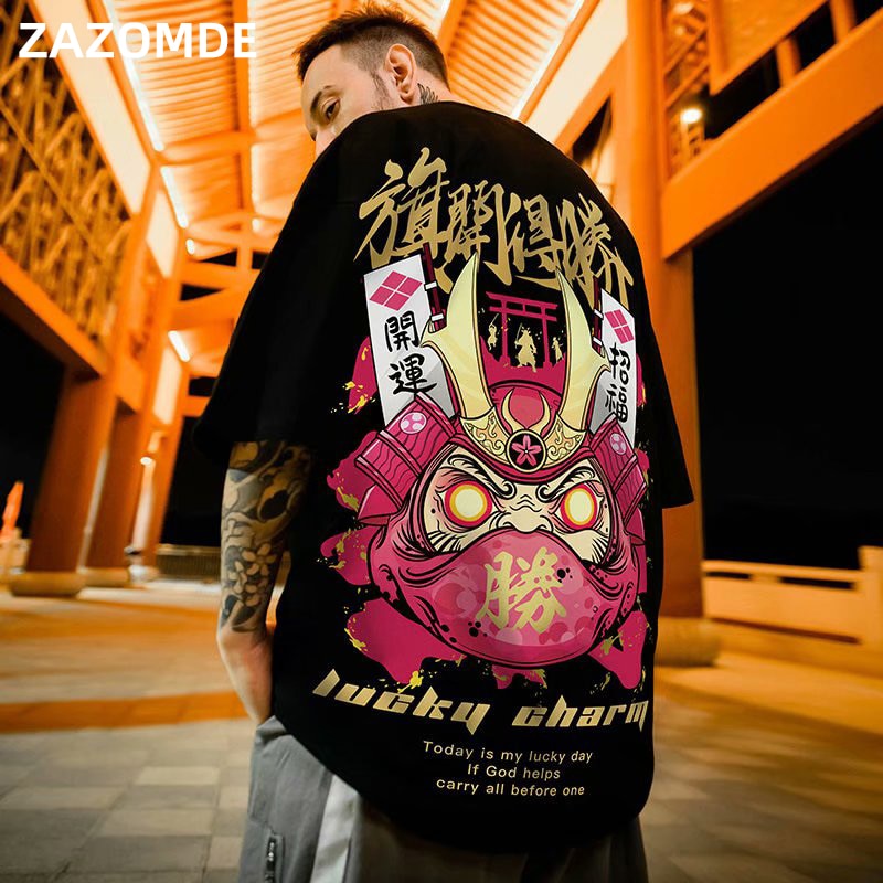 Men's T-Shirts  Chinese Style Lucky Printed Short Sleeve Tshirts Summer Hip Hop Casual Cotton Tops Tees Streetwear