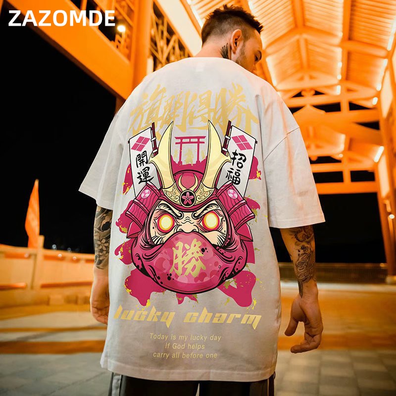 Men's T-Shirts  Chinese Style Lucky Printed Short Sleeve Tshirts Summer Hip Hop Casual Cotton Tops Tees Streetwear