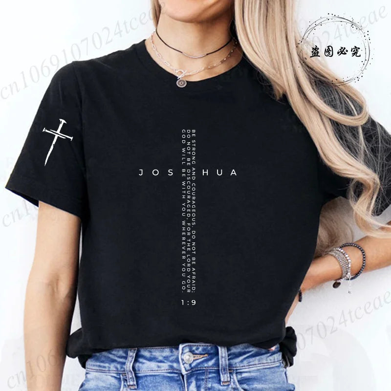 Be Strong and Courageous Bible Verse Tee,Minimalist Cross Christian Shirt,Inspirational Scripture Women's T-Shirt Gift for Faith