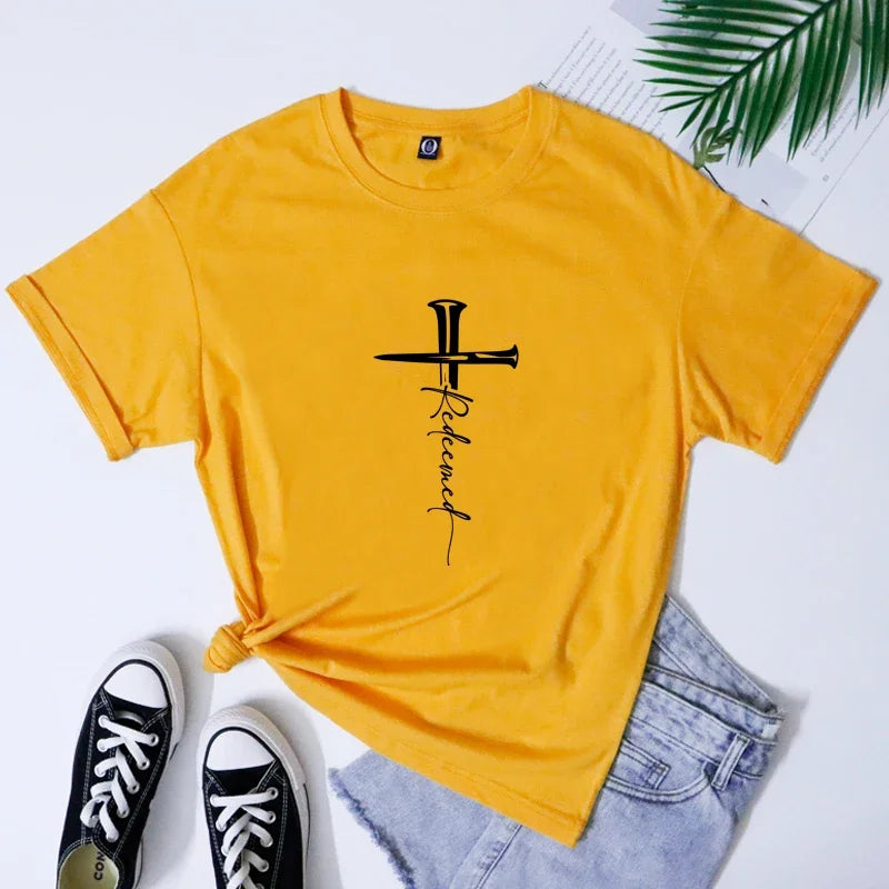 Redeemed Cross Nails T-shirt Catholic Jesus Faith Tee Shirt Top Scripture Unisex Christian Religion Easter Tshirt Dropshipping