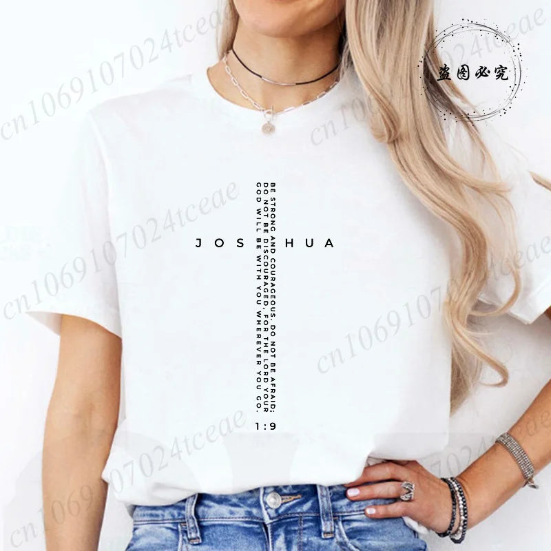 Be Strong and Courageous Bible Verse Tee,Minimalist Cross Christian Shirt,Inspirational Scripture Women's T-Shirt Gift for Faith