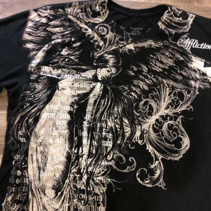 Affliction Gothic T-Shirt Angel Scripture Y2K Streetwear Men's Vintage Graphic Tee Soft Cotton Baggy Fit Harajuku Casual Top