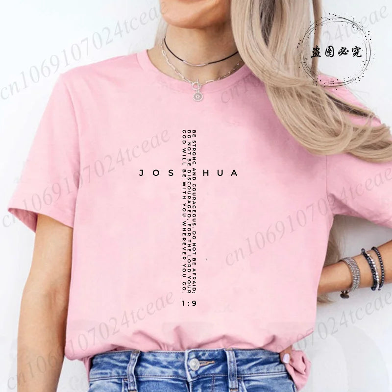 Be Strong and Courageous Bible Verse Tee,Minimalist Cross Christian Shirt,Inspirational Scripture Women's T-Shirt Gift for Faith