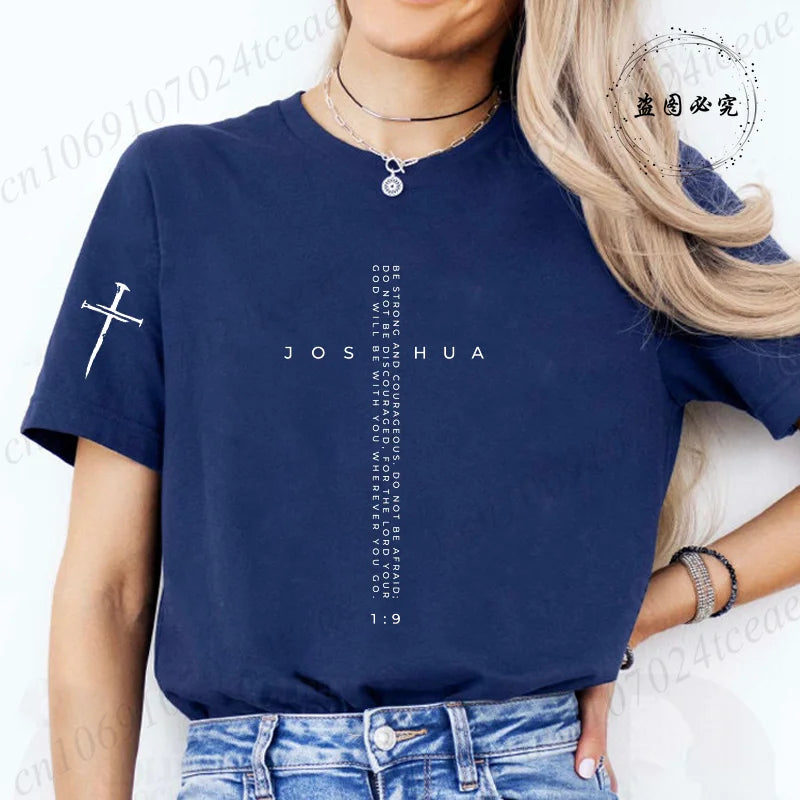 Be Strong and Courageous Bible Verse Tee,Minimalist Cross Christian Shirt,Inspirational Scripture Women's T-Shirt Gift for Faith