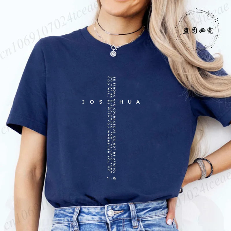Be Strong and Courageous Bible Verse Tee,Minimalist Cross Christian Shirt,Inspirational Scripture Women's T-Shirt Gift for Faith