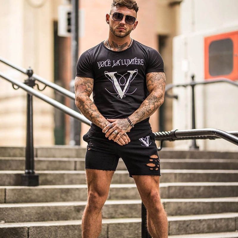 Casual Fashion Printed Gyms T-shirt Fitness Bodybuilding Short sleeve Cotton T shirts Slim Tee Top Male Workout Clothing