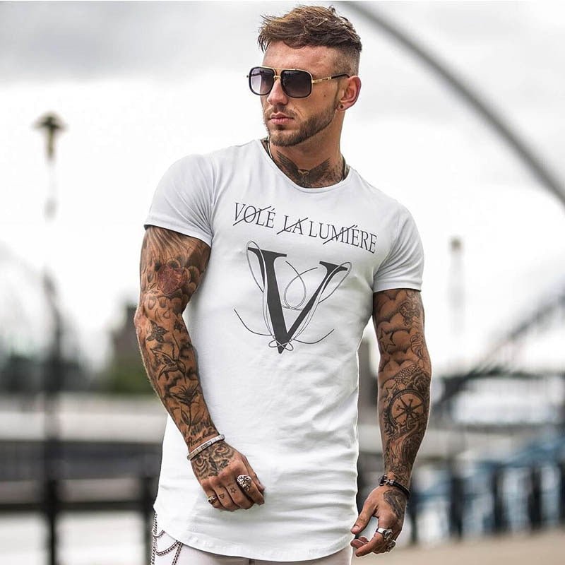 Casual Fashion Printed Gyms T-shirt Fitness Bodybuilding Short sleeve Cotton T shirts Slim Tee Top Male Workout Clothing