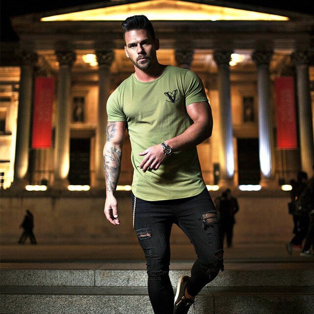 Casual Fashion Printed Gyms T-shirt Fitness Bodybuilding Short sleeve Cotton T shirts Slim Tee Top Male Workout Clothing