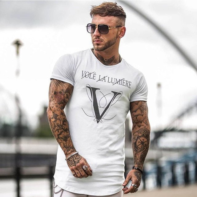 Casual Fashion Printed Gyms T-shirt Fitness Bodybuilding Short sleeve Cotton T shirts Slim Tee Top Male Workout Clothing