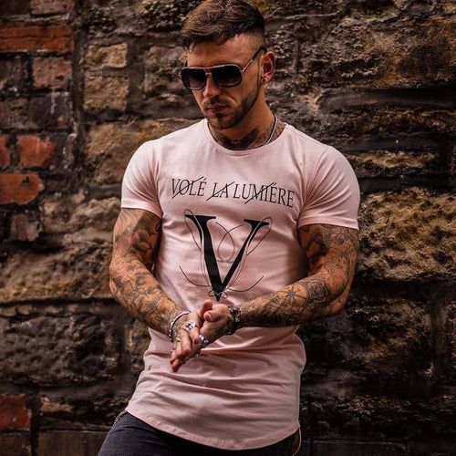 Casual Fashion Printed Gyms T-shirt Fitness Bodybuilding Short sleeve Cotton T shirts Slim Tee Top Male Workout Clothing