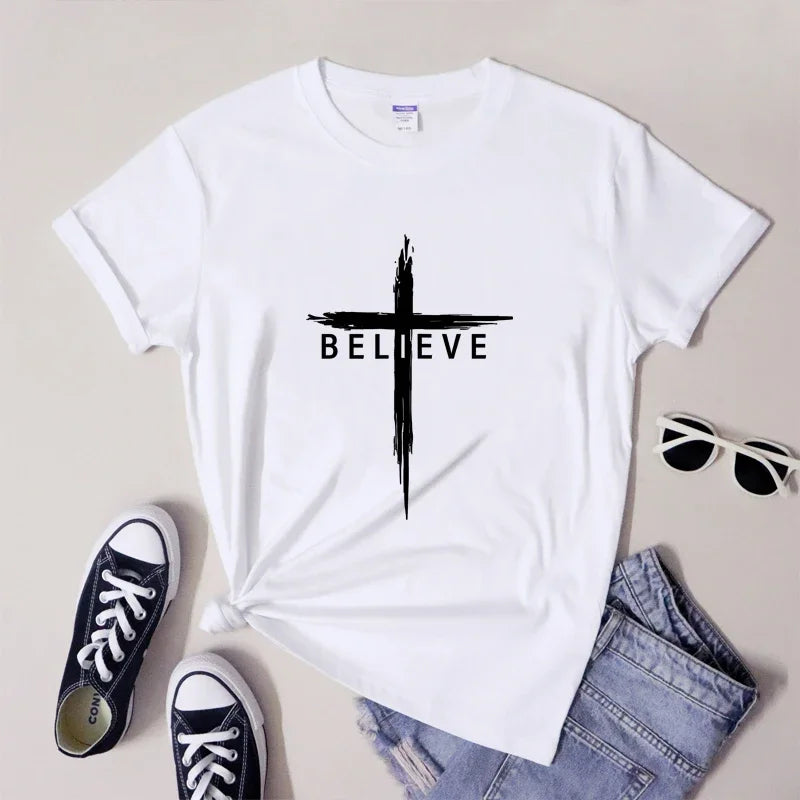 Believe Christian Cross T-shirt Scripture Unisex Jesus Christ Tshirt Women Religious Inspiring Faith Bible Tee Shirt Top