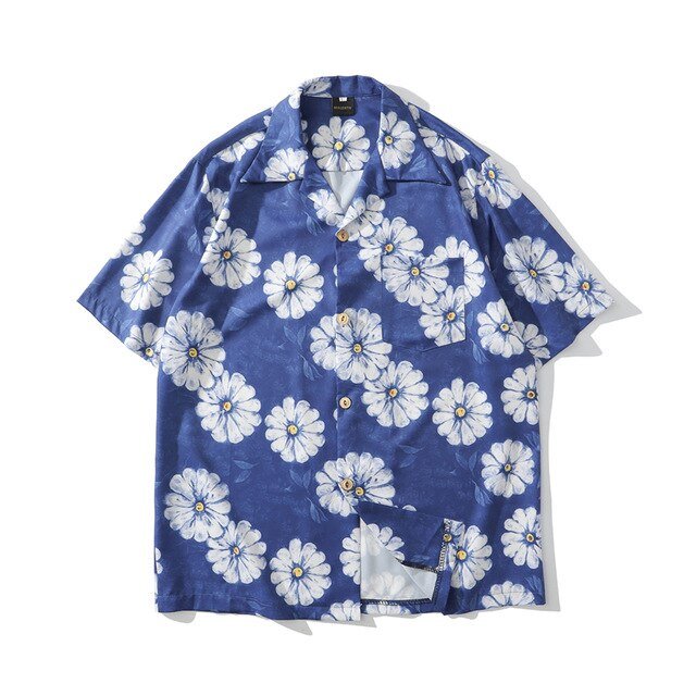 Daisy Flower Print Hip Hop Shirts Short Sleeve Summer Beach Streetwear Hawaiian Shirts Men Casual Harajuku Aloha Shirt