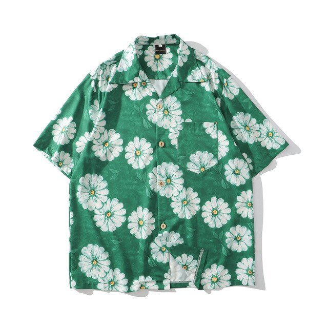 Daisy Flower Print Hip Hop Shirts Short Sleeve Summer Beach Streetwear Hawaiian Shirts Men Casual Harajuku Aloha Shirt