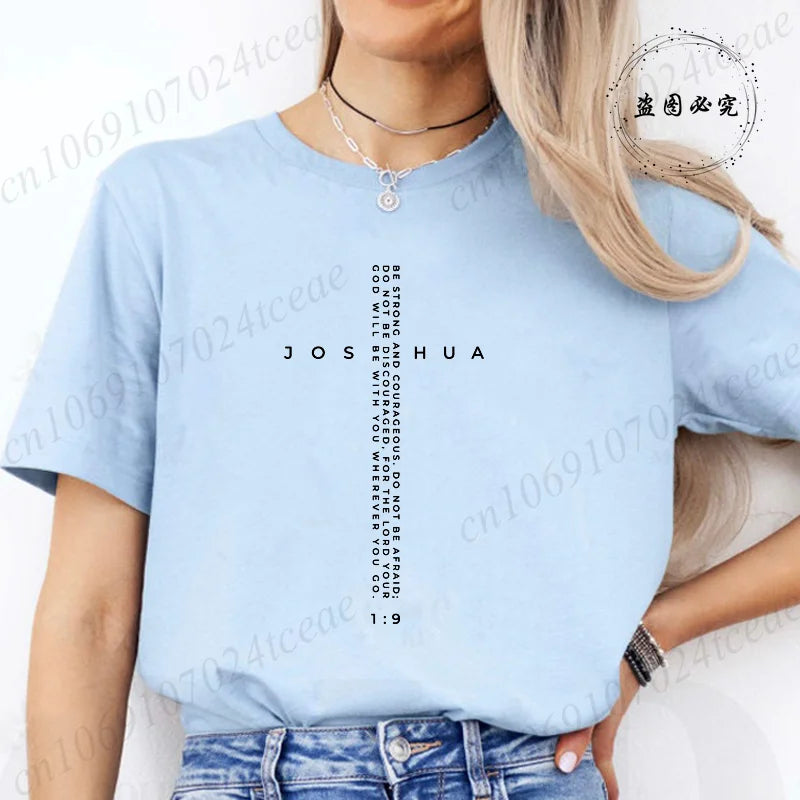 Be Strong and Courageous Bible Verse Tee,Minimalist Cross Christian Shirt,Inspirational Scripture Women's T-Shirt Gift for Faith