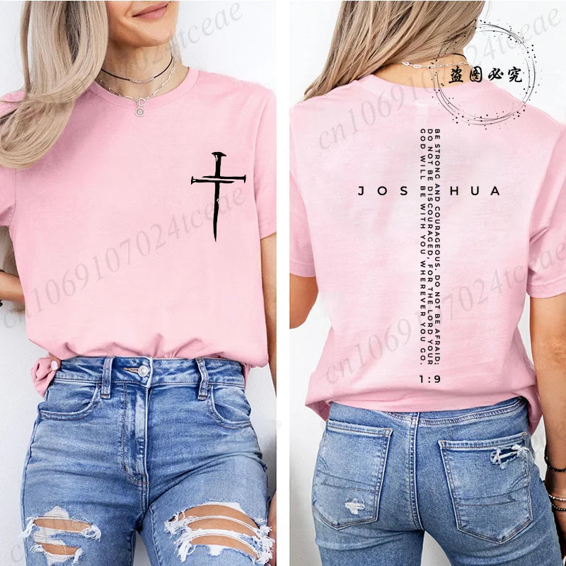 Be Strong and Courageous Bible Verse Tee,Minimalist Cross Christian Shirt,Inspirational Scripture Women's T-Shirt Gift for Faith