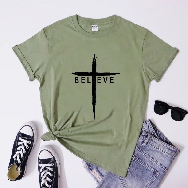 Believe Christian Cross T-shirt Scripture Unisex Jesus Christ Tshirt Women Religious Inspiring Faith Bible Tee Shirt Top