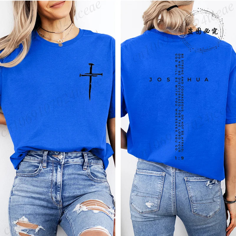 Be Strong and Courageous Bible Verse Tee,Minimalist Cross Christian Shirt,Inspirational Scripture Women's T-Shirt Gift for Faith
