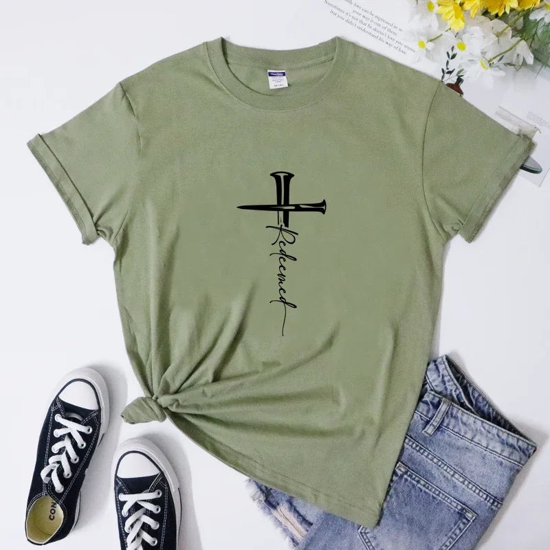 Redeemed Cross Nails T-shirt Catholic Jesus Faith Tee Shirt Top Scripture Unisex Christian Religion Easter Tshirt Dropshipping