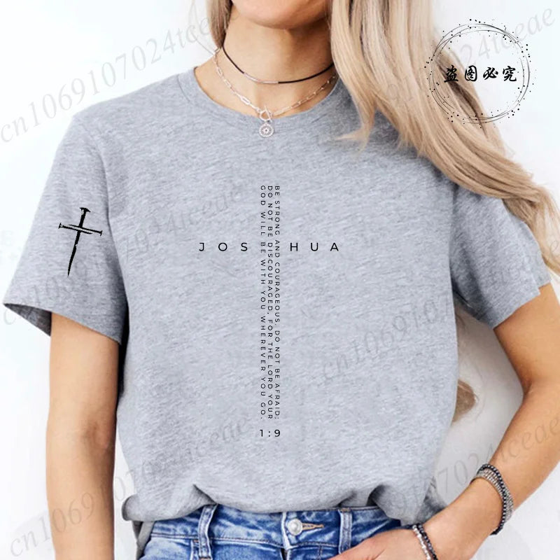 Be Strong and Courageous Bible Verse Tee,Minimalist Cross Christian Shirt,Inspirational Scripture Women's T-Shirt Gift for Faith